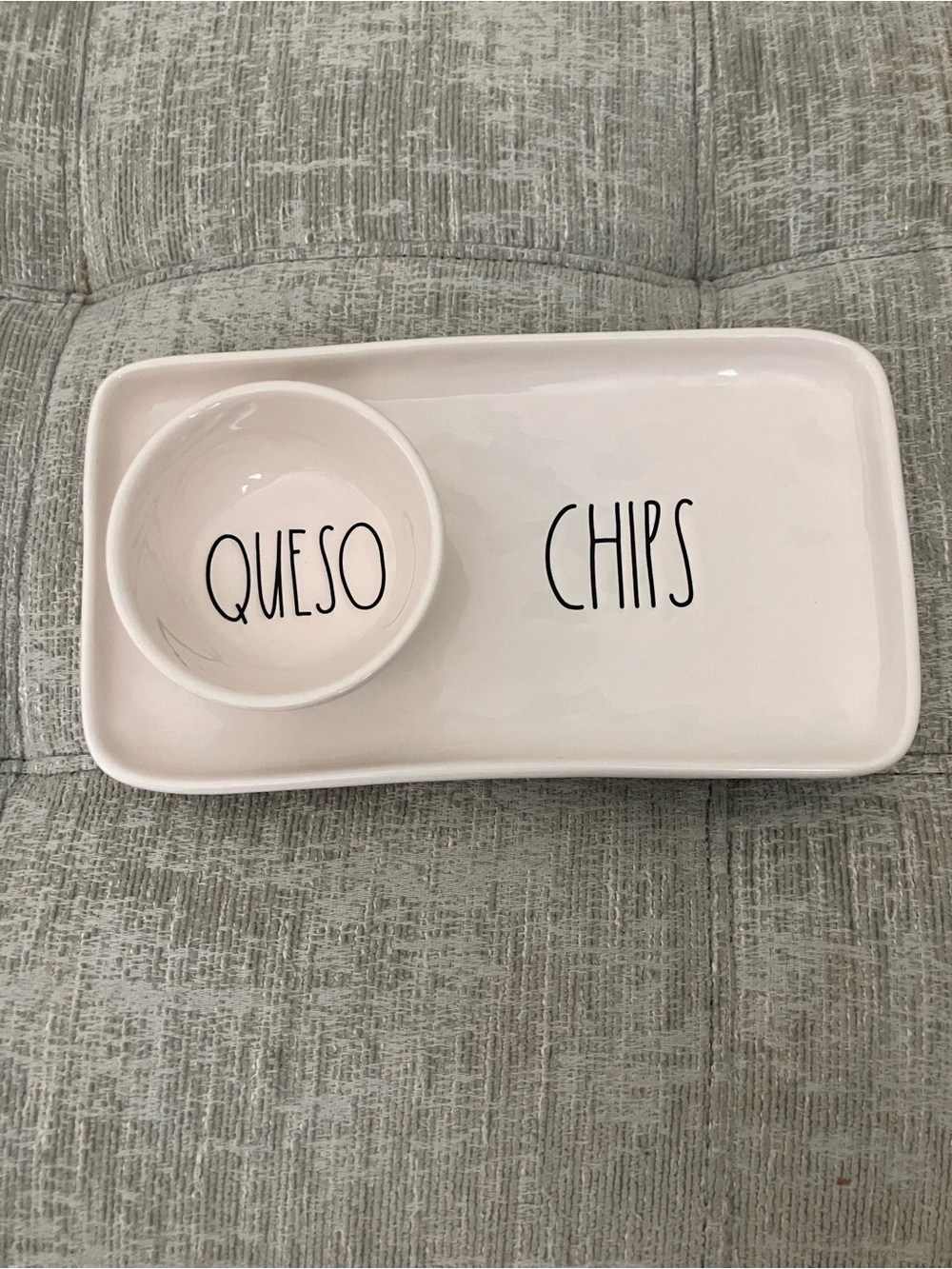 Rae Dunn queso and chips dish